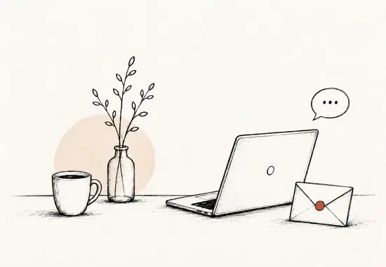 Ilustración de escritorio con laptop, taza de café y sobre de correo