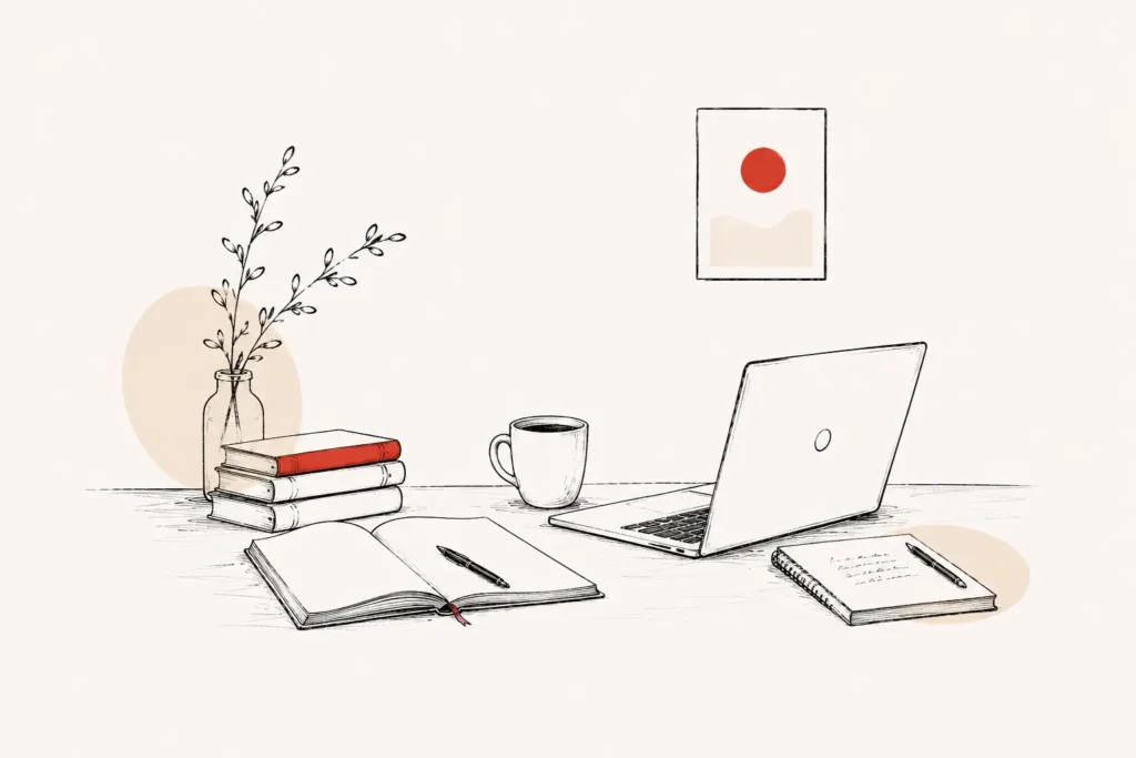 Escritorio con laptop, libros apilados, planta, libreta y cuaderno de escritura
